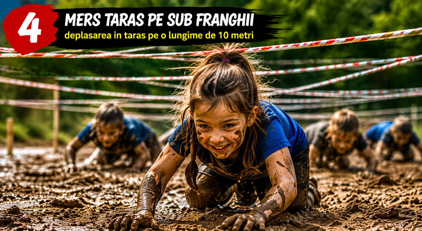Obstacol 4 — Mers târâș pe sub frânghii, 10 metri